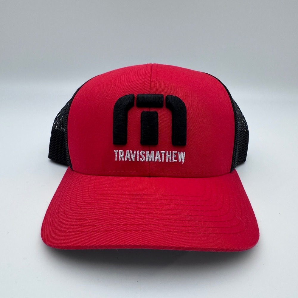 TravisMathew Mens Red Black Mesh Snapback Trucker Hat Golf Cap Logo